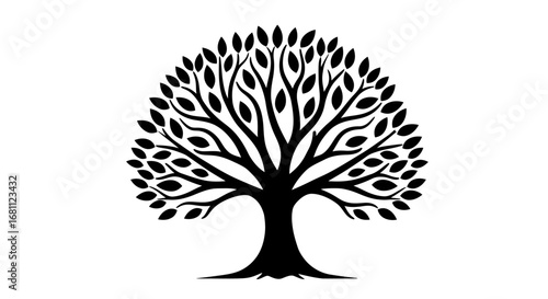 Stylized black silhouette of a majestic tree with intricate branches and detailed leaves on a white background