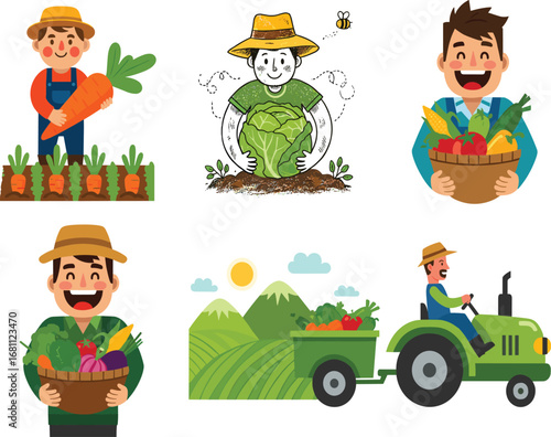 Cartoon farmers harvesting vegetables, cheerful agriculture scenes with produce baskets, tractor, and field settings, farming illustration bundle for merch