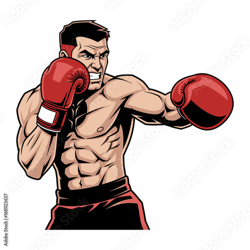 Punching Power: A muscular boxer, exuding raw energy and focus, throws a powerful punch, embodying the intensity and dynamism of the sport.