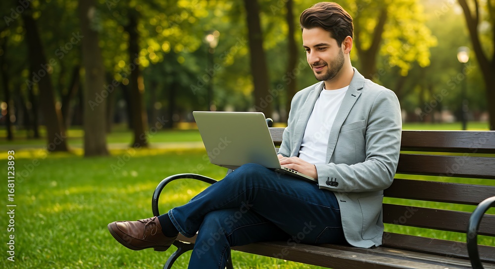 Fototapeta premium Man working on laptop in park