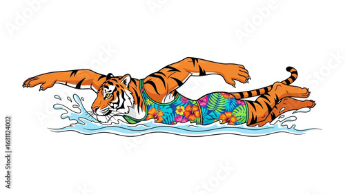 Tiger swimmer illustration: A vibrant illustration of a tiger swimming in the water, wearing colorful swimwear, combining the wild beauty of a tiger with the playful vibe of aquatic sports.