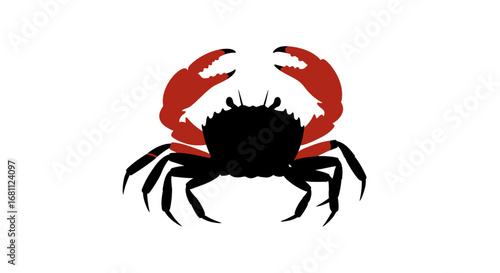 Bold black silhouette of a crab with striking red claws raised in a defensive or aggressive stance