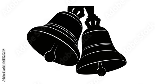 Two classic black silhouette bells hanging together on a decorative ornate metal bracket against a white background
