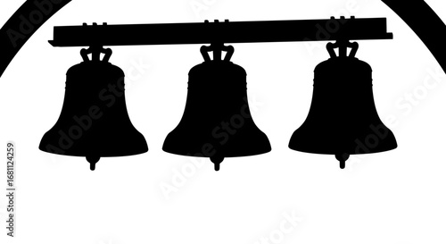 Three dark silhouette church bells hanging from a horizontal bar against a white background