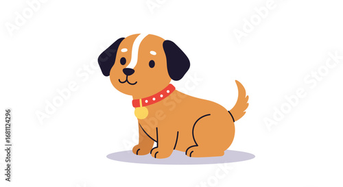 Adorable cartoon puppy with big eyes and a red collar sitting patiently on a white background
