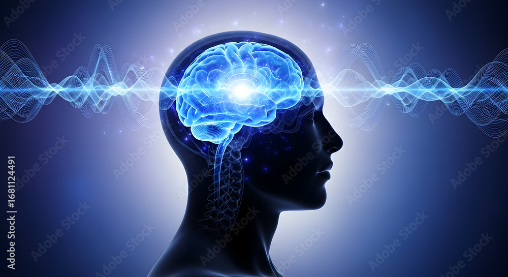 Obraz premium Human profile with glowing brain and oscillating waveform visualization neurotechnology thought frequency concept
