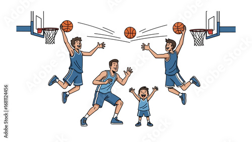 Basketball Moment: Dynamic illustration captures a father and child's basketball playtime, celebrating the sport.