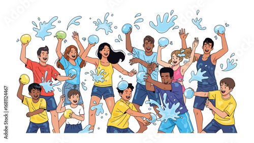 Water Fight Fun: A dynamic illustration captures a joyous water fight scene, featuring a diverse group of enthusiastic people, celebrating summer and togetherness.
