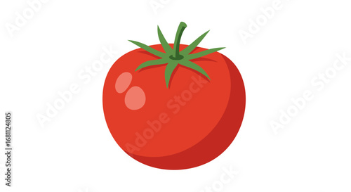 A vibrant ripe red roma tomato with a green stem and leaves isolated on a white background