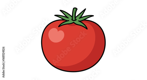 Simple cartoon illustration of a ripe red roma tomato with a green stem and leaves on a white background