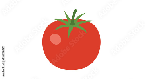 A vibrant red roma tomato with a green stem and leaves isolated on a white background