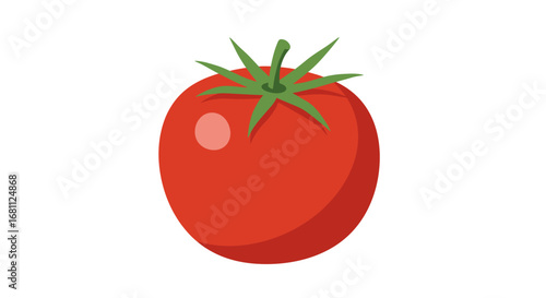 Vibrant red roma tomato with green stem and leaves isolated on a clean white background
