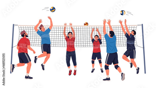 Volleyball Action: A dynamic illustration captures a spirited volleyball match, depicting athletic figures engaged in energetic play. Focus on action, team, competition and athleticism