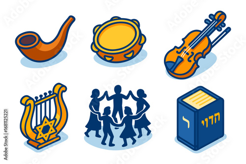isometric jewish music and dance icons – shofar, tambourine, violin, lyre, hora, siddur