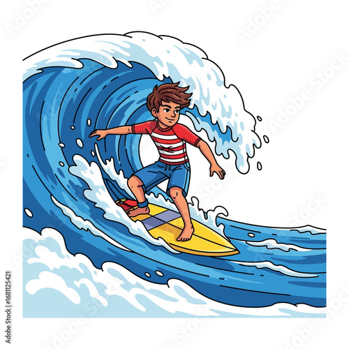 Surfing in a Splash: A young surfer carving through the crest of a dynamic wave with skillful grace. Evoking the thrill of the ride and the freedom of the ocean.