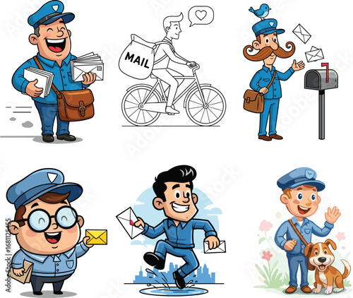 Cartoon mail carriers delivering letters, riding bikes, interacting with pets, cheerful postal workers in action, colorful character illustrations, communication theme