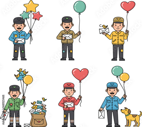 Cartoon mail carriers with balloons, animals, letters, colorful uniforms, vector set, joyful delivery theme, educational bundle, character illustration
