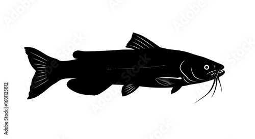 Stylized black silhouette of a catfish with prominent whiskers and fins isolated on a white background