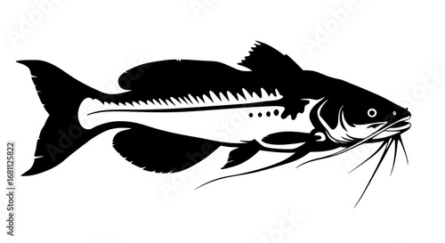 Stylized black silhouette of a catfish with prominent whiskers and fins on a white background