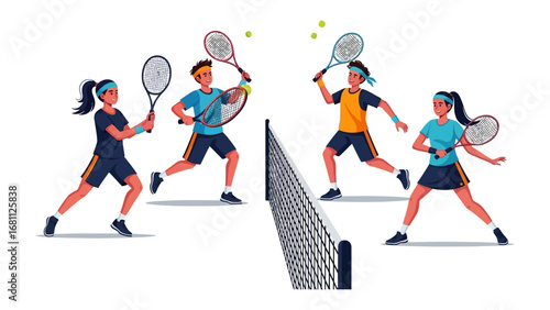 Tennis Match Dynamics: A stylized, dynamic tennis match unfolds, with players engaging in a spirited rally, showcasing the essence of sportsmanship, competition, and the thrill of the game.