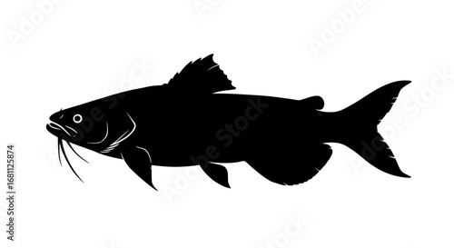Black silhouette of a catfish with prominent whiskers and fins against a stark white background