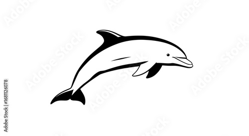 Simple black and white line art illustration of a happy dolphin leaping gracefully out of the water