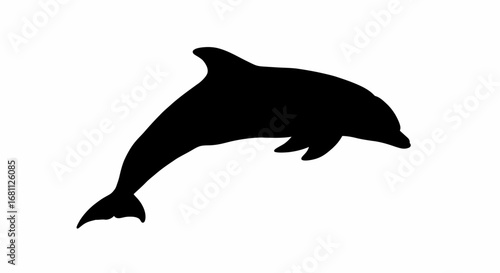 A sleek black silhouette of a dolphin leaping gracefully out of the water against a clean white background