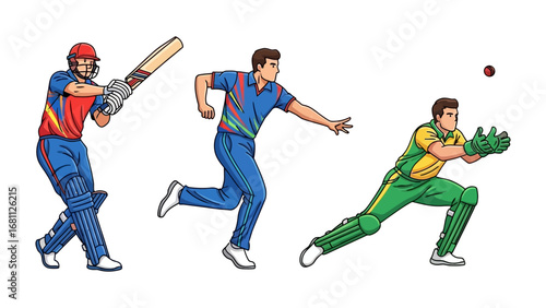 Dynamic Cricket Action: Illustrated depiction of the sport capturing the batsman's powerful swing, the bowler's focused delivery, and the fielder's swift catch