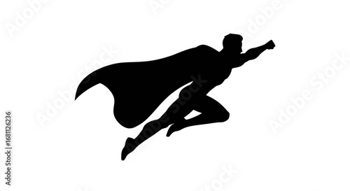 Dynamic silhouette of a heroic figure in flight with a flowing cape against a white background