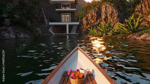 Canoe approaching modern cliffside villa with glowing lights reflecting on calm water. Concept of luxury travel and serenity