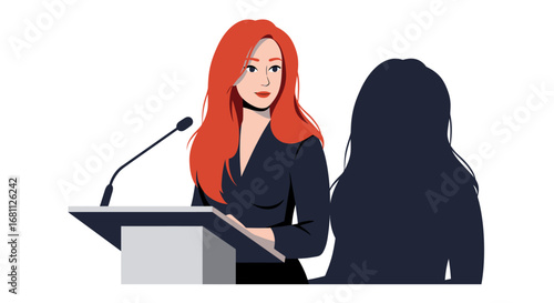 Confident businesswoman with red hair speaking at a podium with a shadow of another person present