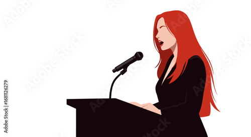 Woman with long red hair speaking passionately at a podium with a microphone in a formal setting