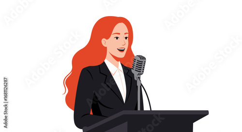 Confident woman with long red hair speaking passionately at a podium with a vintage microphone