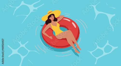 A happy woman in a yellow swimsuit and hat relaxes on a red inflatable tube in a bright blue swimming pool