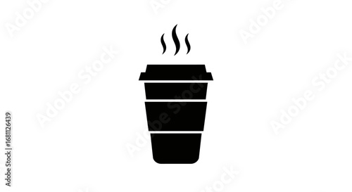 Simple black silhouette of a steaming hot beverage in a disposable coffee cup on a white background