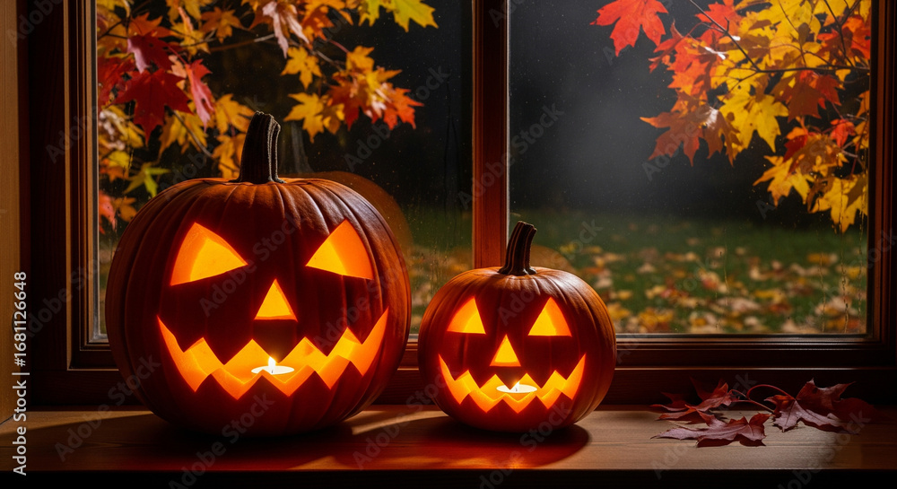 custom made wallpaper toronto digitalGlowing pumpkins by window with autumn leaves, realistic Halloween night scene