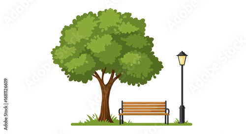 A peaceful park scene with a large green tree a wooden bench and an old fashioned lamppost on a grassy area
