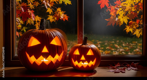 Wallpaper Mural Glowing pumpkins by window with autumn leaves, realistic Halloween night scene Torontodigital.ca