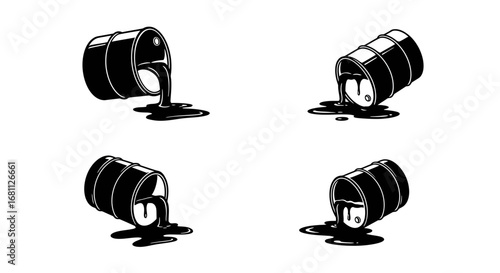 Four hand drawn illustrations of oil barrels leaking black liquid on a white background