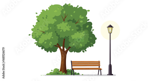 A solitary wooden park bench sits beneath a lush green tree next to a glowing lamppost on a white background