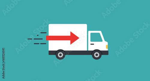 White delivery truck with a large red arrow indicating fast movement and efficient shipping services