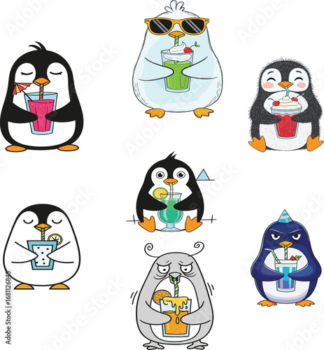 Cartoon penguins with drinks, summer party theme, festive vector set, cute animal illustration, children bundle, sunglasses, straws, tropical vibe