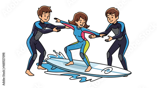 Learning to Surf: A vibrant illustration captures the thrill of learning to surf, with an instructor guiding a student on a surfboard amidst playful waves.