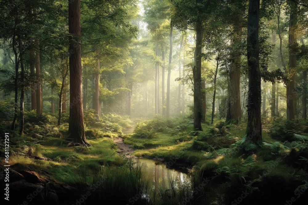 Fototapeta premium Tranquil Forest Scene with Sunlight Filtering Through Trees, Reflecting in a Small Stream, Offering a Peaceful Escape