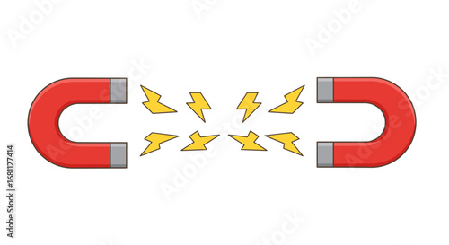 Two opposing red horseshoe magnets with yellow lightning bolts representing magnetic force and attraction between them