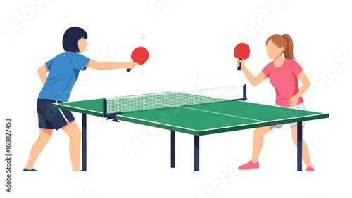 Table Tennis Match: A vibrant illustration captures a spirited game of table tennis between two female athletes, the ball soaring through the air and the atmosphere filled with energy and competition.