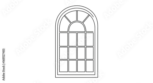 Elegant gothic arch window outline drawing with detailed panes and decorative top