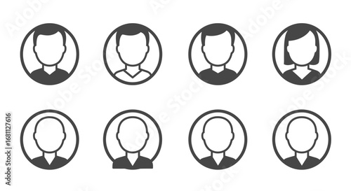Collection of eight diverse anonymous user profile icons representing different people in a clean outline style