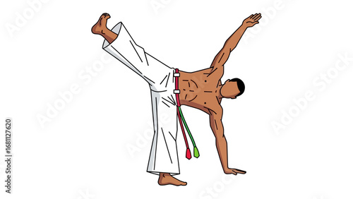Artistic Capoeira: An illustration of a capoeira practitioner executing a dynamic and stylized movement, showcasing strength, flexibility, and the unique art form.