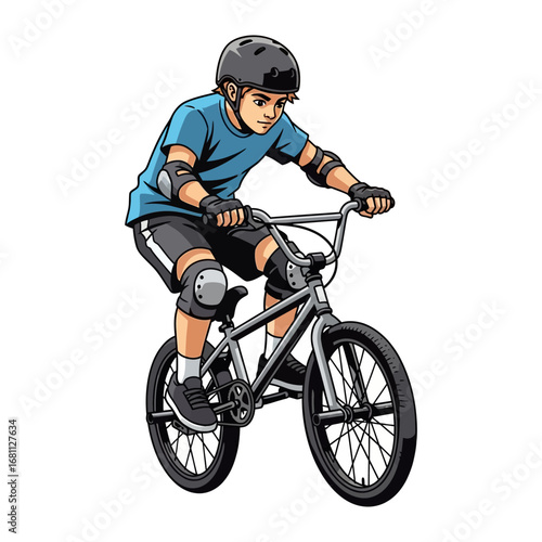 BMX Action: A young rider in full safety gear executes a dynamic maneuver on a BMX bike, showcasing skill, precision, and the thrill of the sport.